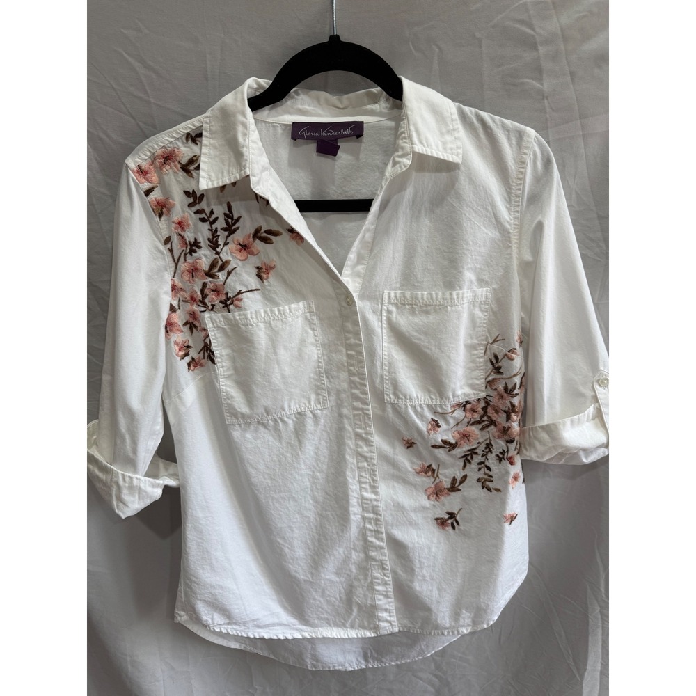 Gloria Vanderbilt White Embroidered Floral Button Down Shirt Size S 3/4 Sleeve